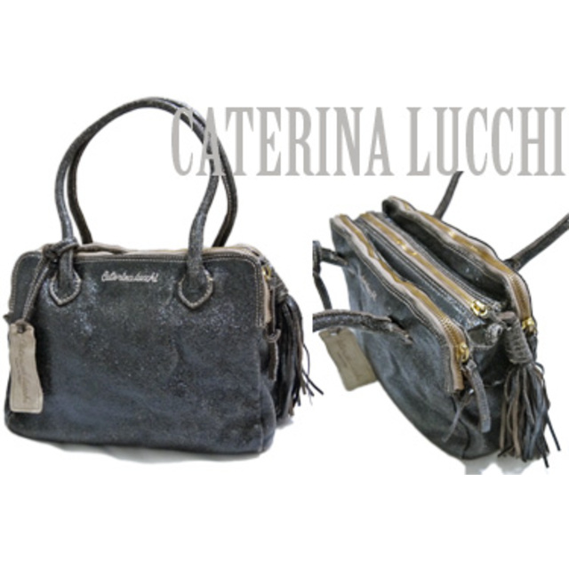 新品CATERINA LUCCHI伊製メタリックヴィンテージ調革バッグ黒R9151-1