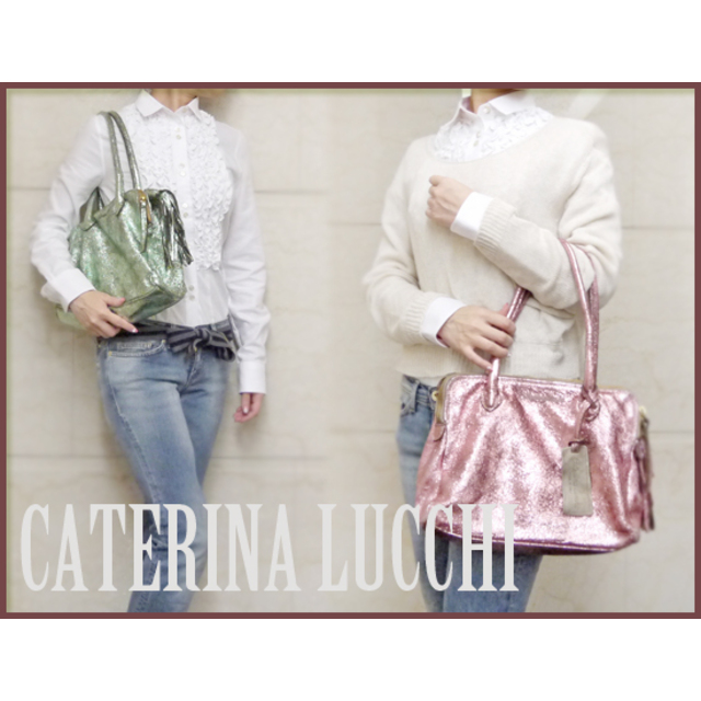 新品CATERINA LUCCHI伊製メタリックヴィンテージ調革バッグ黒
