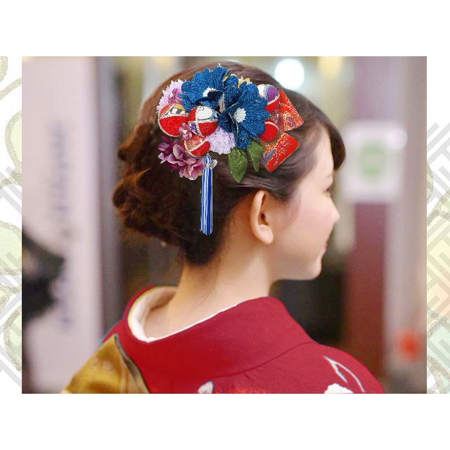 成人式 振袖 髪飾り 卒業式 結婚式 和 青系 レトロ柄 ちりめん花 金襴