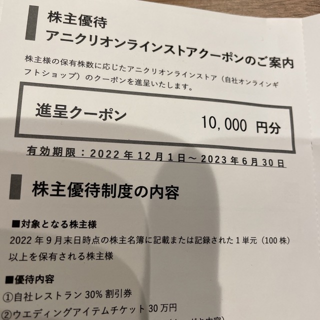 アニクリオンラインストアクーポン1万円分とエスクリ優待券 チケットの優待券/割引券(ショッピング)の商品写真