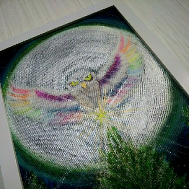 高級品市場 風水開運絵画*新月光樹虹羽白梟~星をつかむ者 大願成就