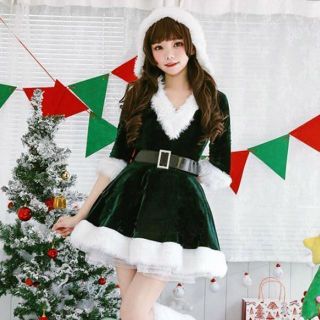 【グリーンL】Vネック サンタ コスプレ パニエ付 ふわふわ クリスマス(衣装一式)