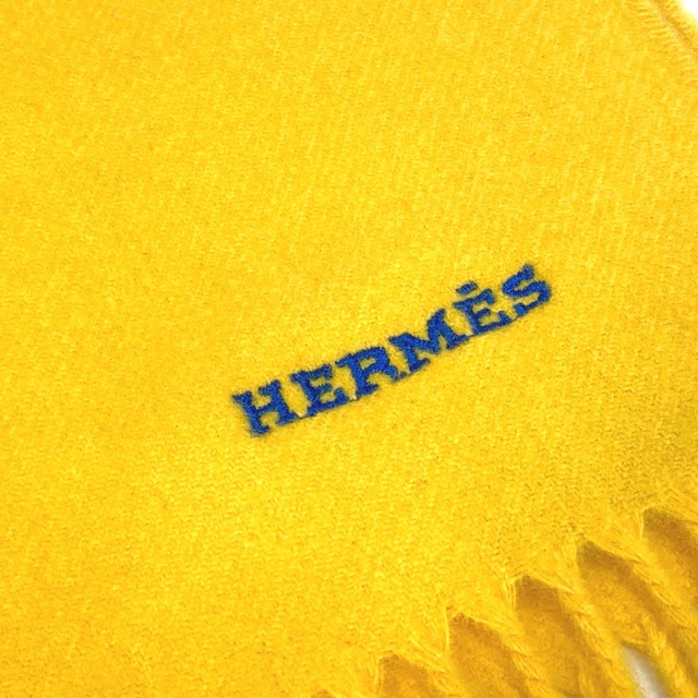 エルメス HERMES H ロボット 24 刺繍 フリンジ マフラー カシミヤ イエロー 美品