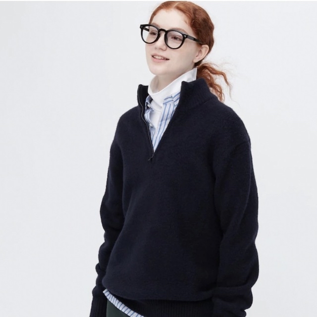 UNIQLO(ユニクロ)のUNIQLO スフレヤーンハーフジップセーター　ネイビー　XL レディースのトップス(ニット/セーター)の商品写真