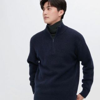 ユニクロ(UNIQLO)のUNIQLO スフレヤーンハーフジップセーター　ネイビー　XL(ニット/セーター)