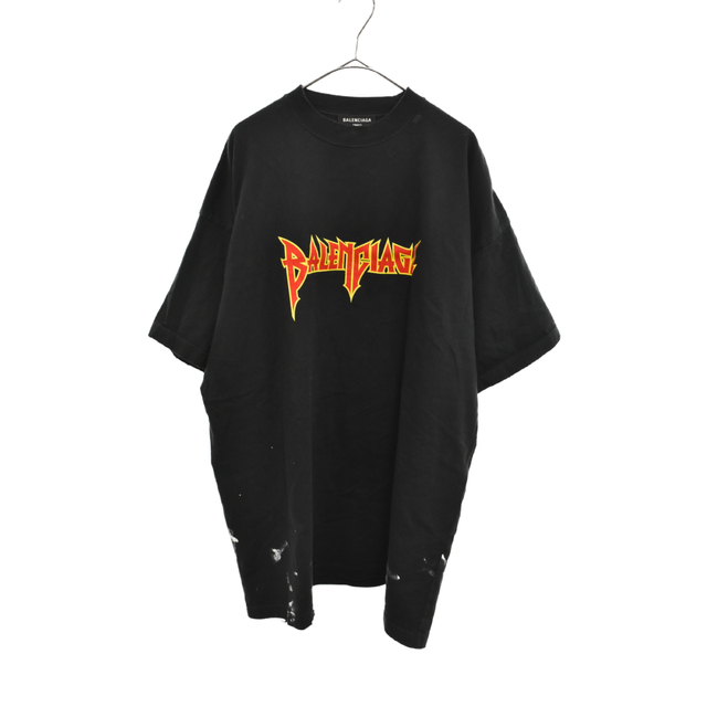 BALENCIAGA バレンシアガ 22AW メタルロゴクラッシュ加工オーバーサイズクルーネック半袖Tシャツ 694576 ブラックコットン100%ニット部分