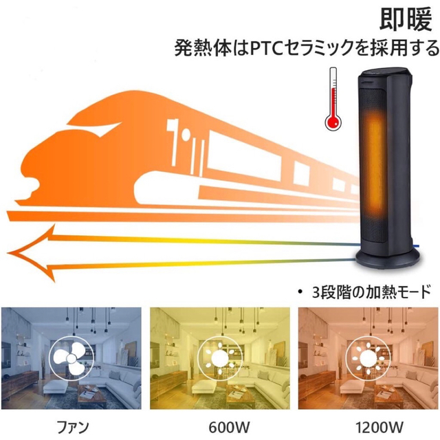 セラミックヒーター　タワー型　リモコン付き　速暖　安全装置　PSE認証済み