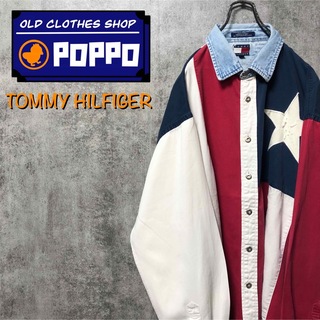 TOMMY HILFIGER - トミーヒルフィガー☆デニム襟切替ビッグ星条旗柄ビッグフラッグロゴパターンシャツ