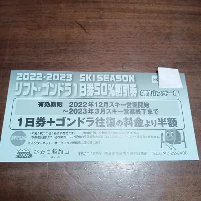 箱館山スキー場リフトゴンドラ1日50％割引券5枚セット - スキー場