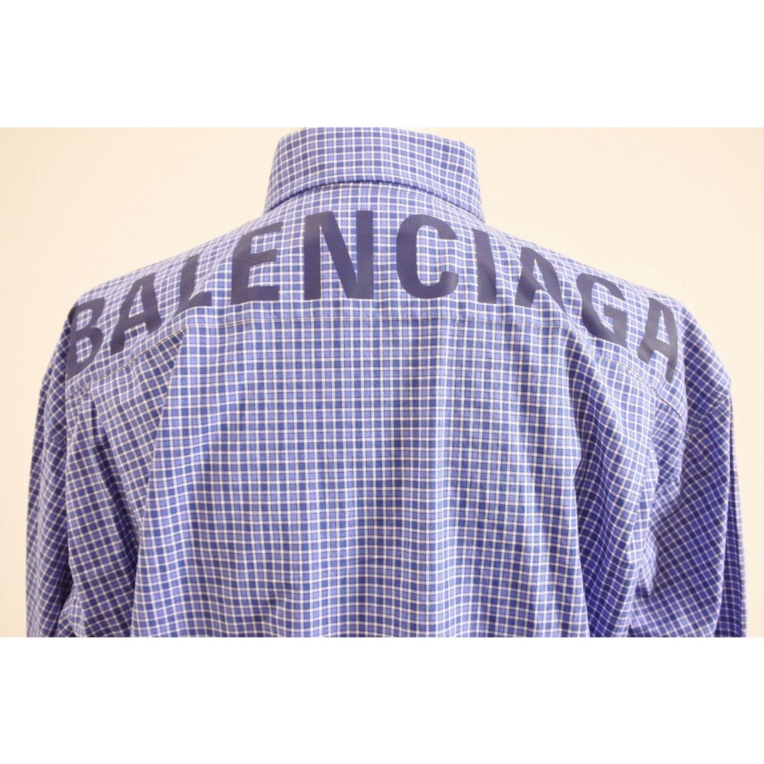 [USED/]BALENCIAGA バレンシアガ 半袖Ｔシャツ ロゴプリント チェックシャツ ビックシルエット ブルー ホワイト コットン 38  ai-tdc-005939