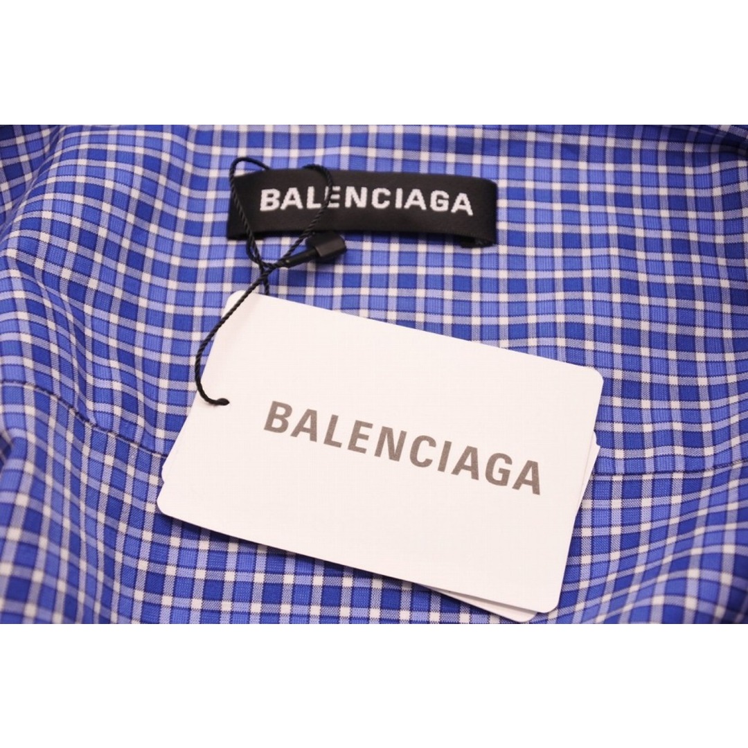 [USED/]BALENCIAGA バレンシアガ 半袖Ｔシャツ ロゴプリント チェックシャツ ビックシルエット ブルー ホワイト コットン 38  ai-tdc-005939