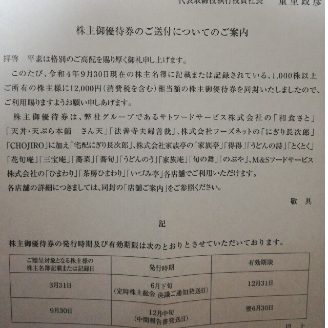 和食さと　他　株主優待　500円×24枚　SRSホールディングス