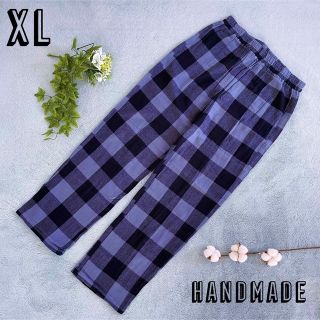 ハンドメイド パジャマ パンツ 部屋着 通気 吸汗 綿 XL チェック柄 ブルー(ルームウェア)