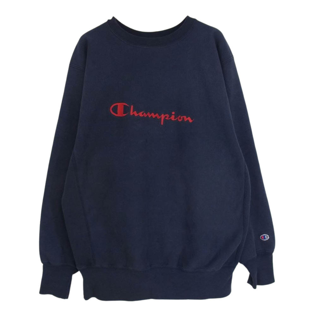 Champion チャンピオン USA製 90s REVERSE WEAVE リバースウィーブ ロゴ刺繍 クルーネック スウェット ネイビー系 L