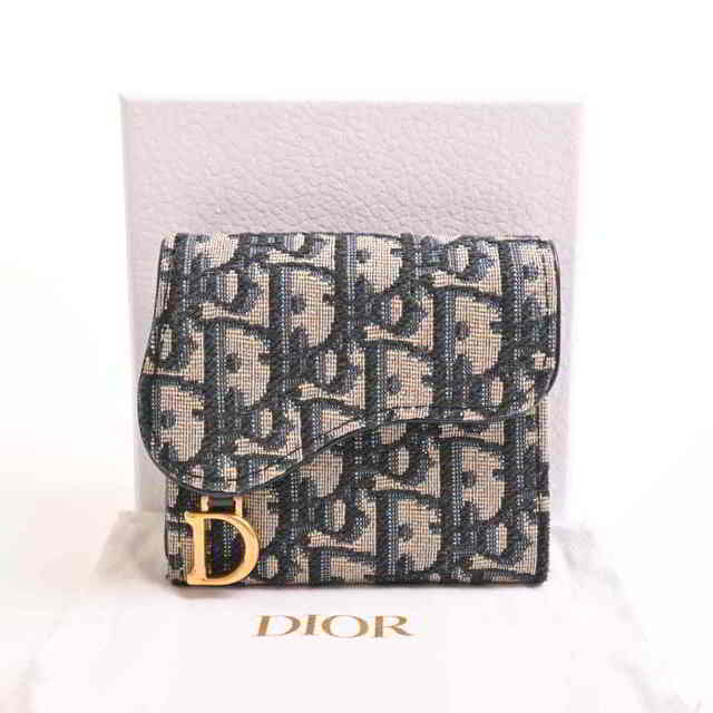 【中古】 Christian Dior クリスチャンディオール トロッター キャンバス サドル ロータスウォレット 三つ折り財布 ネイビー by