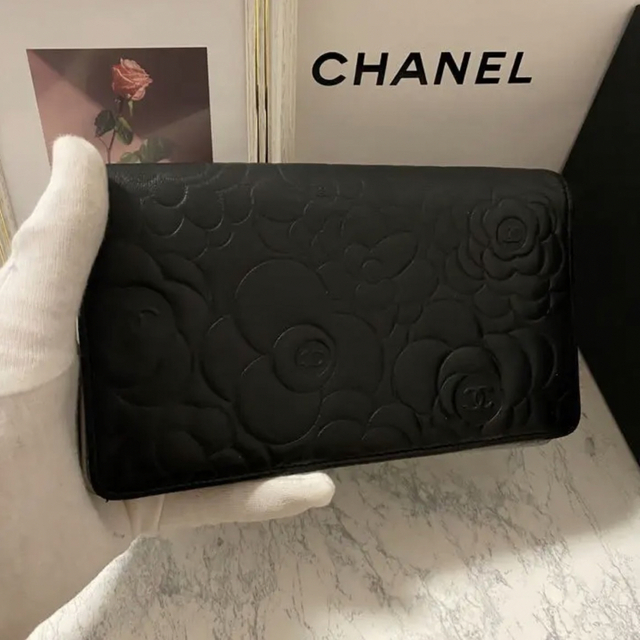 CHANEL シャネル　カメリア　長財布　ブラック×シルバー