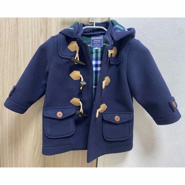 新品未使用】ミキハウス????裏地チェック柄ダッフルコート????紺色90