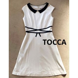 トッカ(TOCCA)のトッカ　tocca バイカラー襟つきウエストリボンワンピース　ベージュ(ひざ丈ワンピース)