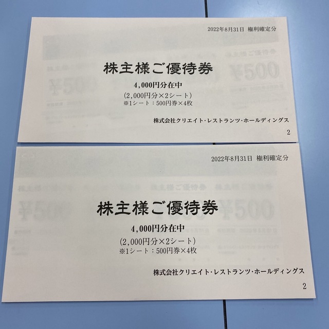 クリエイトレストランツ 株主優待　8000円分レストラン/食事券