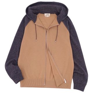 エルメス(Hermes)の美品 エルメス HERMES パーカー ニット ウール カシミヤ ジップアップ メンズ トップス XL ベージュ/グレー(パーカー)