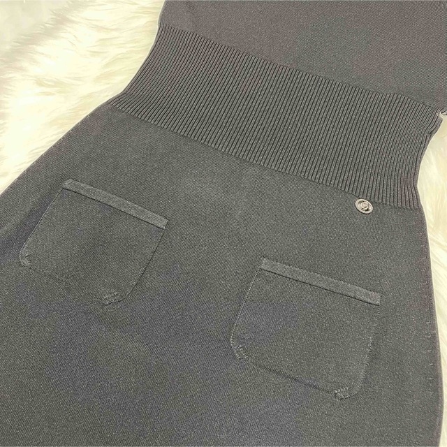 本物 美品 シャネル COCO装飾 ココマーク 半袖 ニットワンピース 38 黒