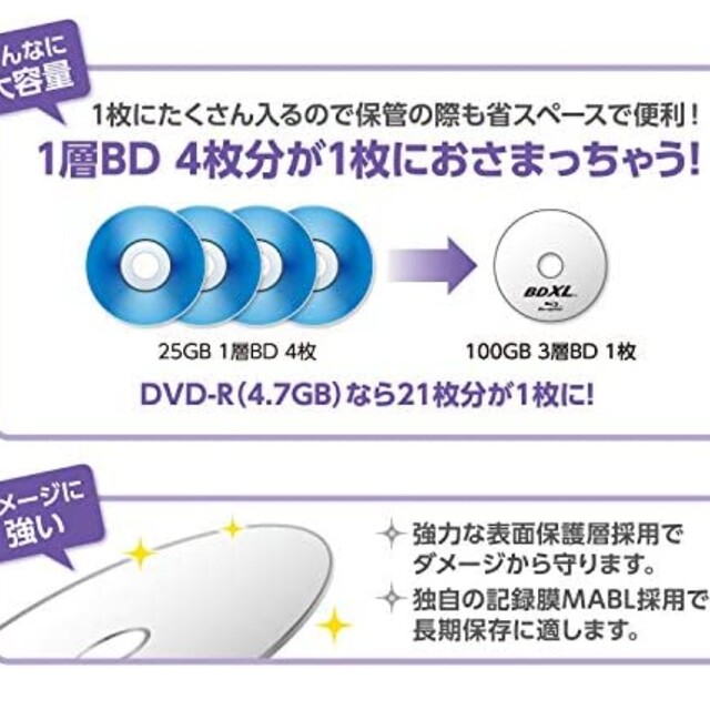 バーベイタム 1回録画用 ブルーレイ BD-R XL 100GB 3枚 スマホ/家電/カメラのテレビ/映像機器(その他)の商品写真