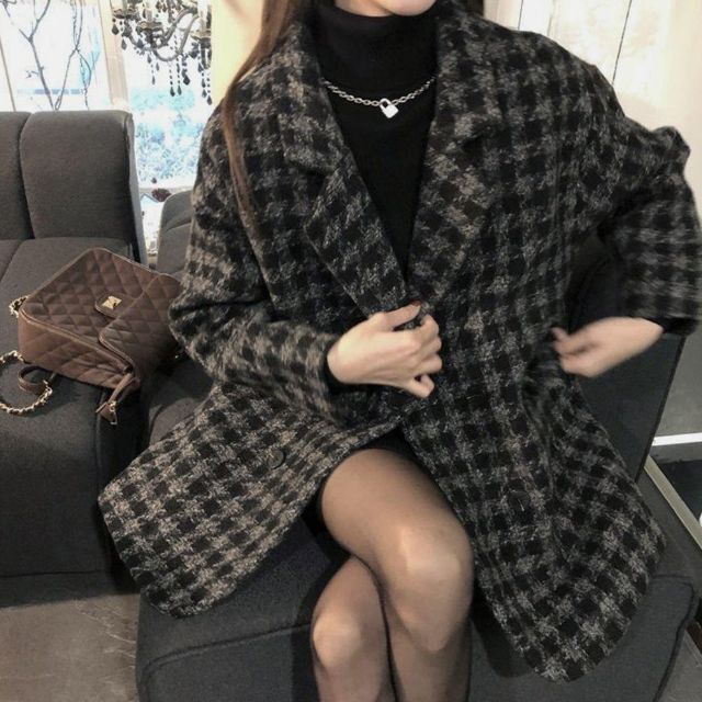 ♊千鳥格子柄 ジャケット グレーブラックM■中綿コート 秋　韓国ファッション