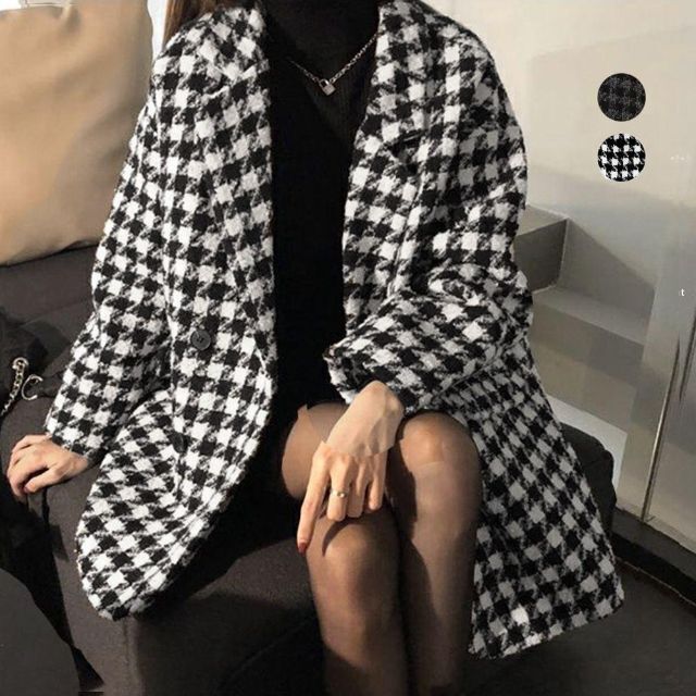 ♊千鳥格子柄 ジャケット グレーブラックM□中綿コート 秋 韓国 ♊千鳥格子柄 ジャケット グレーブラックM□中綿コート 秋 韓国