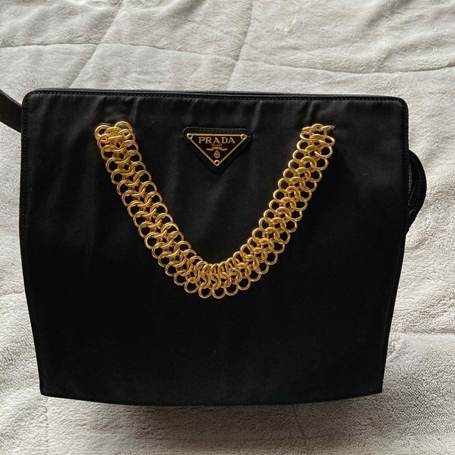 美品 希少 ヴィンテージPRADA ゴールドチェーン ナイロンハンドバッグ-