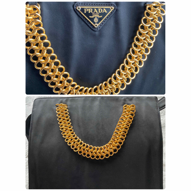 美品 希少 ヴィンテージPRADA ゴールドチェーン ナイロンハンドバッグ-