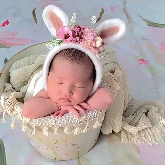 お花のうさぎ帽子♪ニューボーンフォト撮影衣装 新生児 ベビー 記念写真 ウサギ