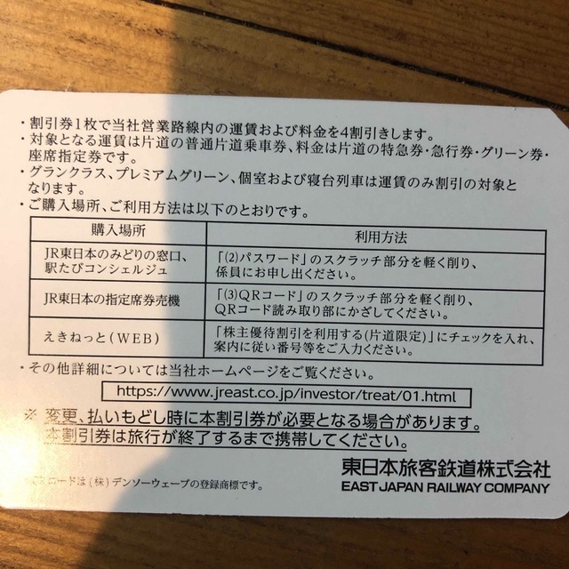 JR東日本　株主優待券　一枚 チケットの乗車券/交通券(鉄道乗車券)の商品写真