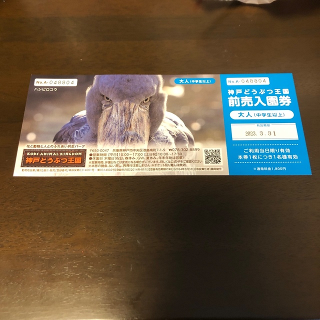 神戸どうぶつ王国のチケット１名分 チケットの施設利用券(動物園)の商品写真