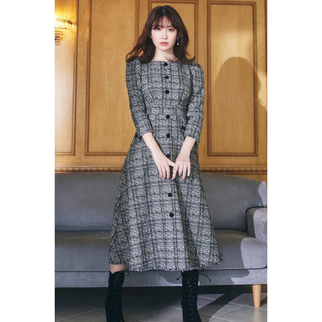 112肩幅【Her lip to】Classic Tweed Midi Dress