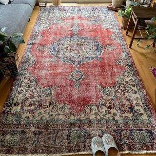 大判 150×300 擦れシャビー 夕焼け赤色メダリオン トルコヴィンテージラグ-