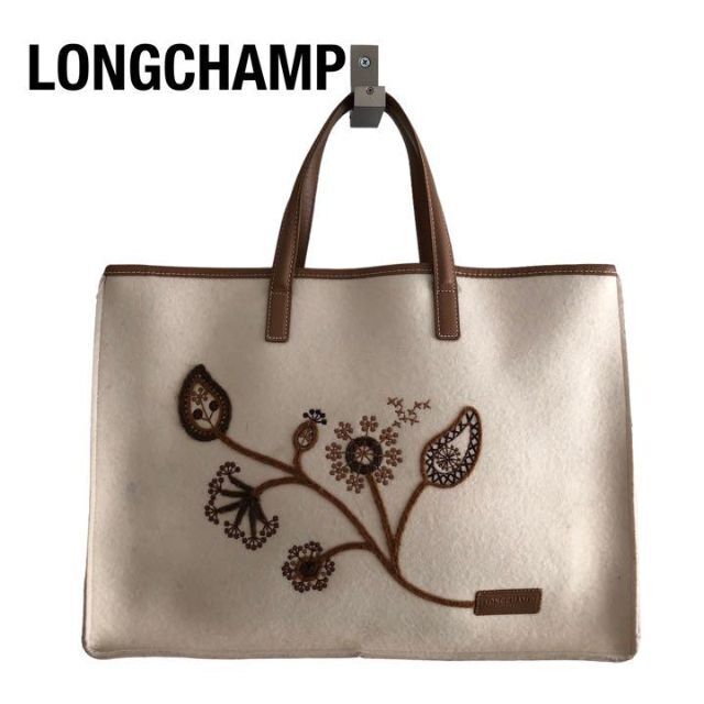 LONGCHAMPロンシャン フェルト生地花柄トートバッグ オフホワイト-