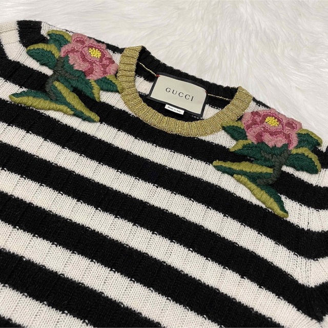 本物 グッチ 花柄 フラワー刺繍 ボーダー ラメ入り 長袖 ニット