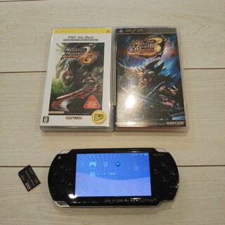 プレイステーションポータブル(PlayStation Portable)の良品⭐️psp本体♪黒。純正バッテリー、ゲーム２つ、メモリー付き。動作OK♪(携帯用ゲーム機本体)