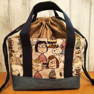 ピーナッツ(PEANUTS)のSNOOPY仲間達♪　ブルー　ミニバック　巾着バッグ　コンビニバッグ　弁当袋(バッグ)