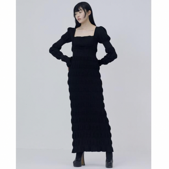 STUDIOUS(ステュディオス)のFETICO STRIPE RIB KNIT DRESS BLACK  レディースのワンピース(ロングワンピース/マキシワンピース)の商品写真