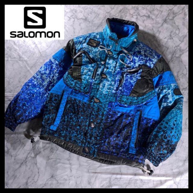 00s SALOMON スノボ 総柄 中綿 テック ジャケット ブルゾン 青 黒