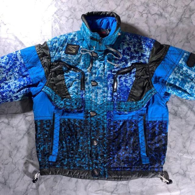 00s SALOMON スノボ 総柄 中綿 テック ジャケット ブルゾン 青 黒 00s SALOMON スノボ 総柄 中綿 テック ジャケット ブルゾン 青 黒