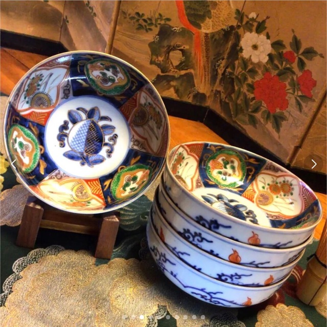 A626 古伊万里 金蘭手 見込桃 窓絵花車 団龍 中鉢 膾皿 5客の通販 by
