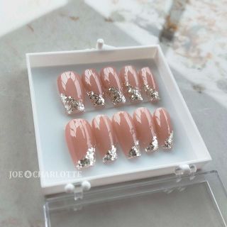 No.97 XS ジェルネイルチップ ラメ サイドフレンチ 細 ピンク 現品 コスメ/美容のネイル(つけ爪/ネイルチップ)の商品写真