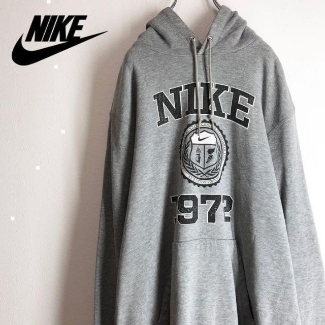 90s NIKE ナイキ　3段ロゴ　プルオーバーパーカー　M グレー