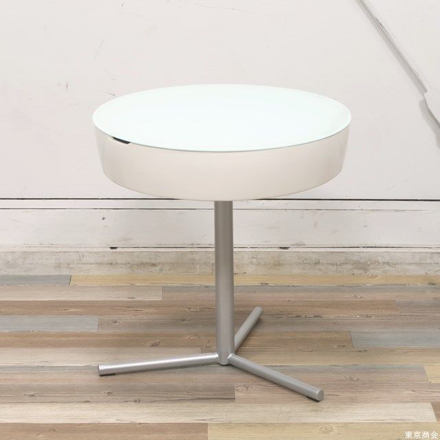 サイドテーブル 収納付き 丸テーブル ホワイト 強化ガラス