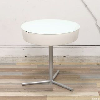 サイドテーブル 収納付き 丸テーブル ホワイト 強化ガラス(コーヒーテーブル/サイドテーブル)