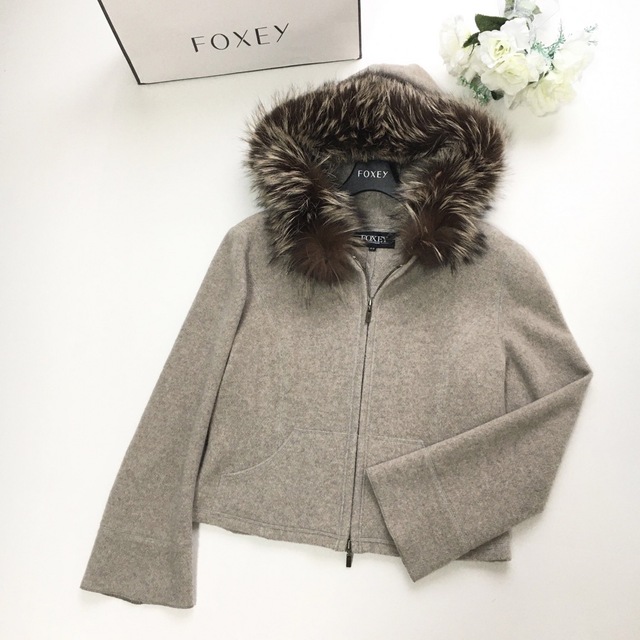 美品 FOXEY フォクシー カシミヤ100% ファー ジャケット カーディガン-