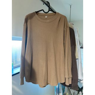 ユニクロ　XL  ワッフルクルーネックT  32BEIGU(Tシャツ(長袖/七分))