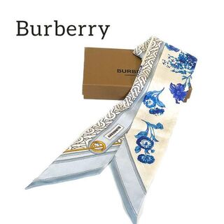 バーバリー(BURBERRY)のBurberry バーバリー　スキニー　スカーフ ブルー　ホワイト　シルク(バンダナ/スカーフ)